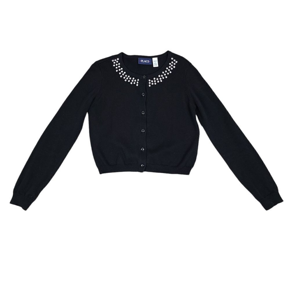 The Children's Place Girl's Black Embellished Neck Cardigan Sweater Large